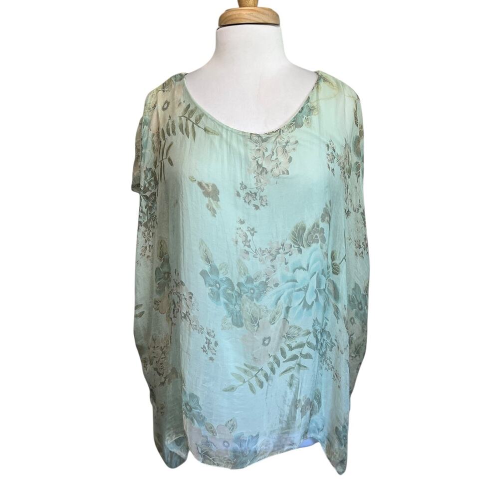 Angela Italy 100% Silk Cap Sleeve Top Blouse size M Romantic Floral Cottagecore